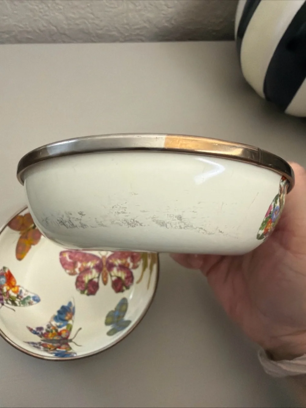 Mackenzie Childs Set of 2 White Butterfly 4.5 inch Dipping Bowls Enamel